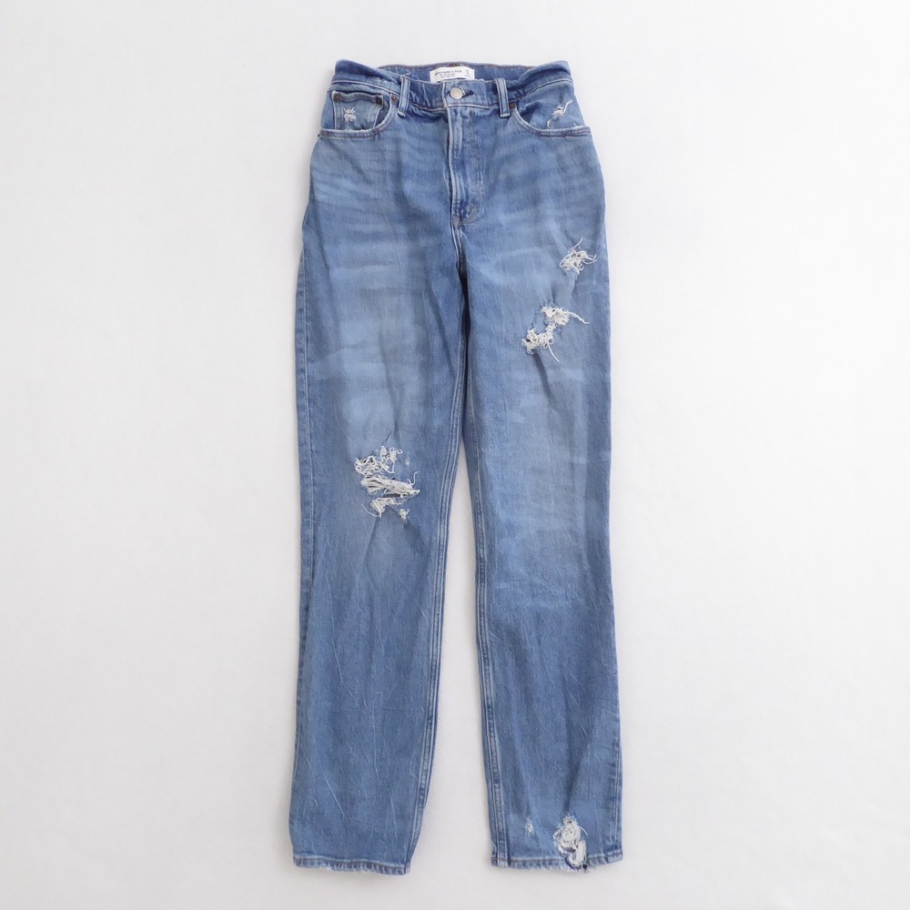 Abercrombie & Fitch Women's Straight Leg Jeans in Light Blue Distressed